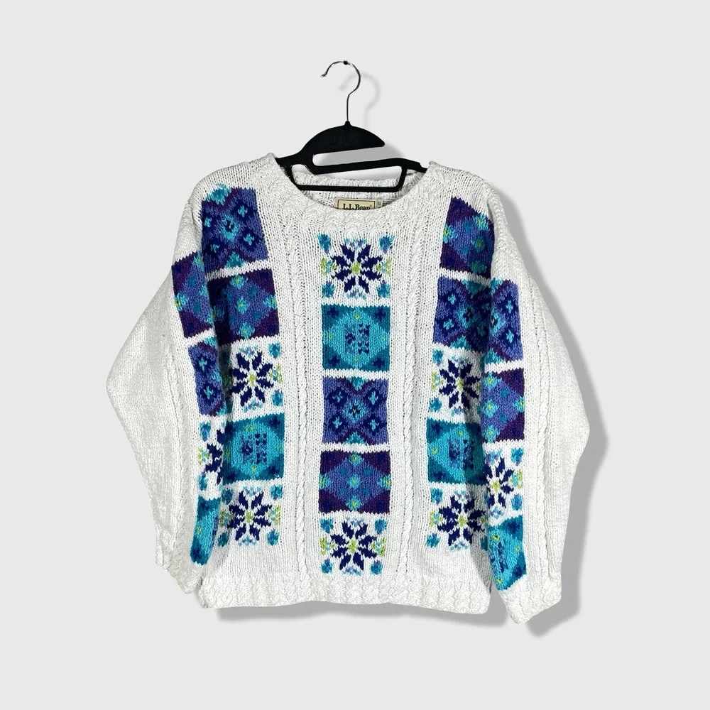 LL Bean Fair Isle Sweater Women Small White Blue Grandmacore Cottagecore Vintage